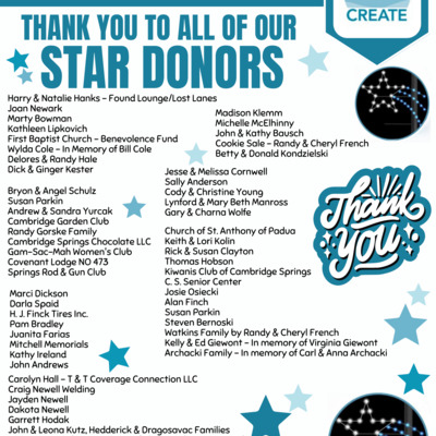 CREATE Christmas Decoration Campaign donor list- over $13,000 collected!